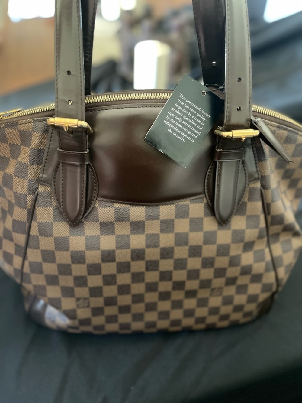 Classic Brown Checkered Leather LV Damier Ebene Tote Bag